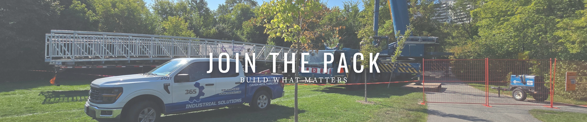 Bridge with company truck and overlay text 'Join the Pack, Build What Matters' for Coyote Bridges Careers page